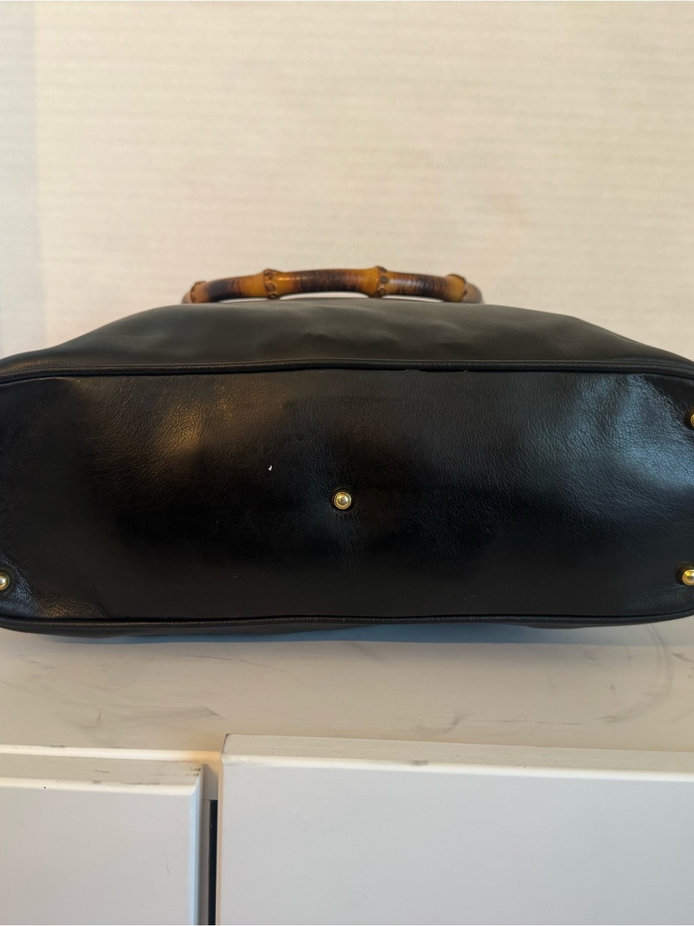 Large Authentic Gucci Black leather bamboo handle bag purse satchel - Picture 5 of 17